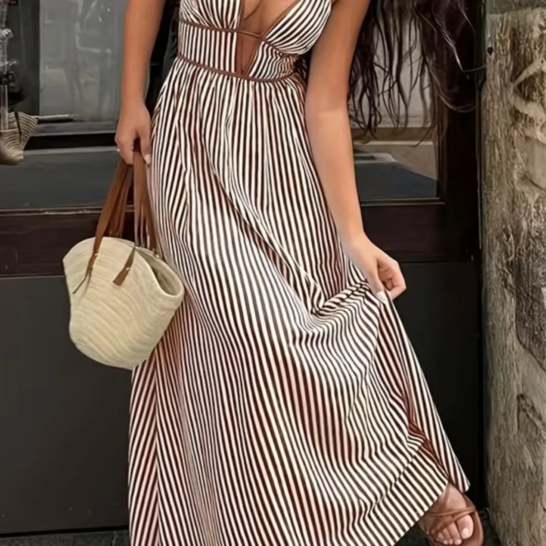Coffee-striped luau maxi dress